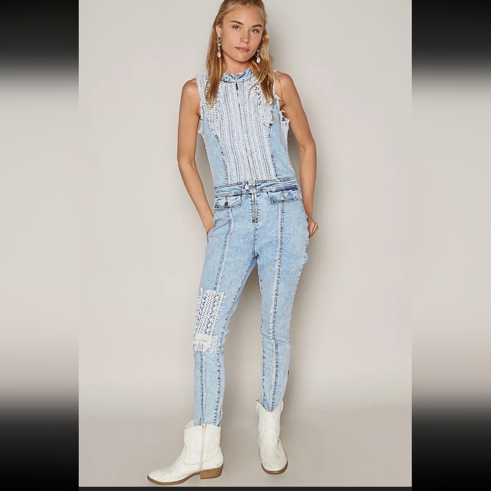 POL Light Blue Denim And Knit Jumpsuit. Various Sizes. NWOT - Picture 3 of 7